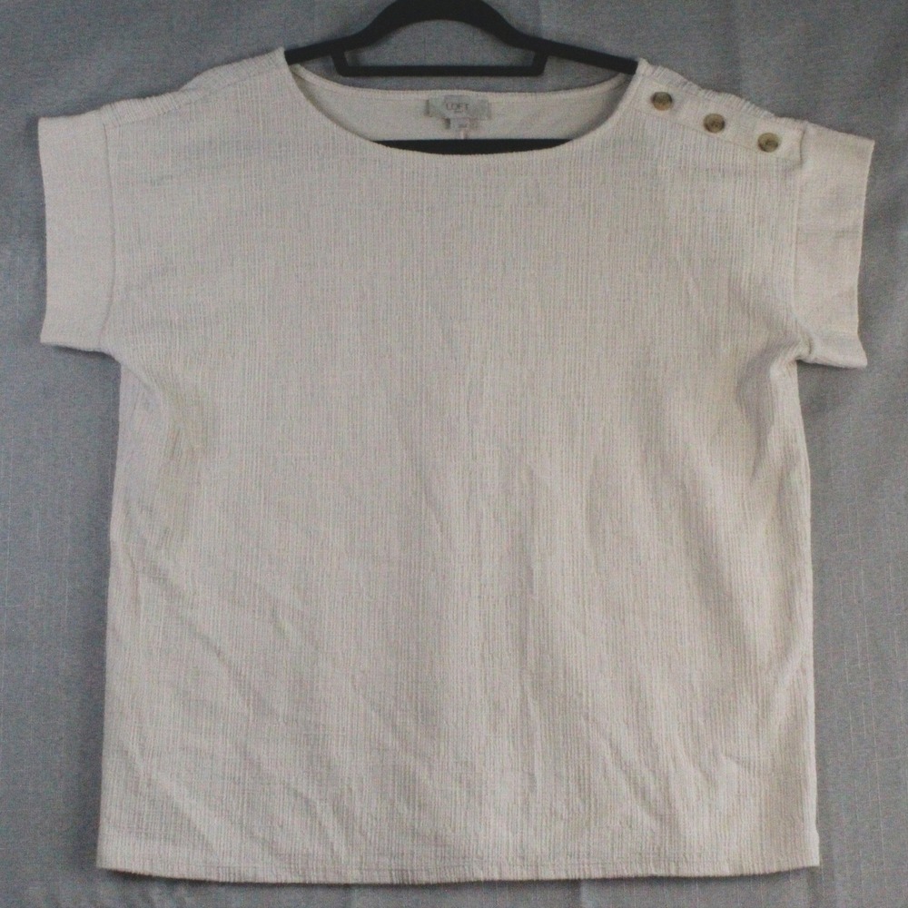 LOFT Outlet Cream Textured Button Shoulder Top Size L Coastal Grandma Minimalist